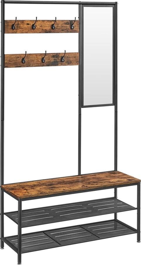 VASAGLE kleerhanger met schoenenopslag kledingrek voor de gang met spiegel haken bank en schoenenrekken 35 x 98 x 180 cm hal in slaapkamer industriële stijl rustiek bruin en zwart