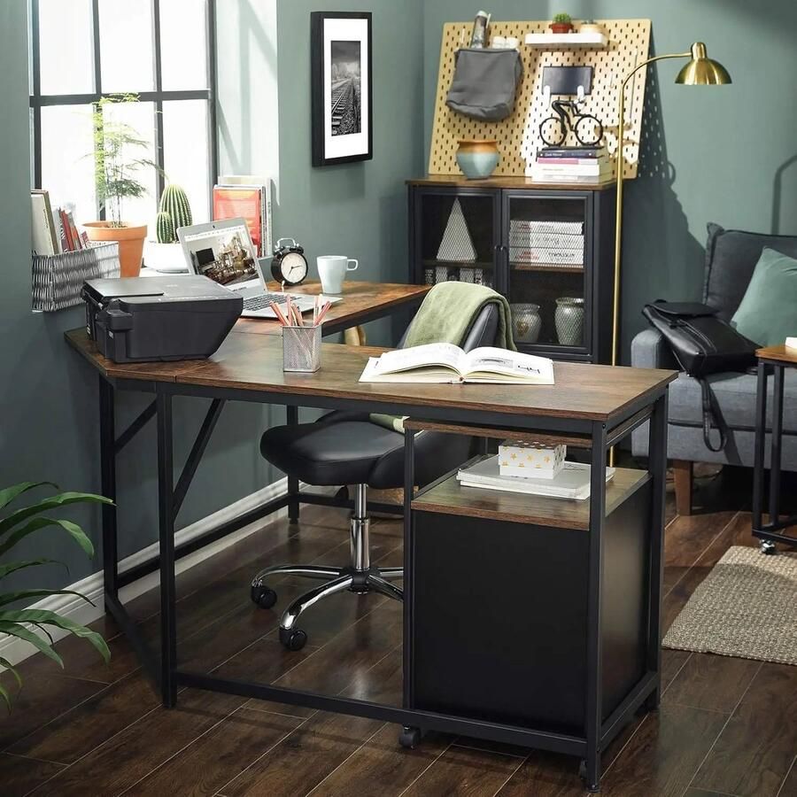 Corenia Gaming Bureau Gaming Tafel Gaming Desk Computer bureau Computertafel 149x149cm – Industrieel Design L-vormig Hoekbureau – Met Verwijderbare Plank Bruin