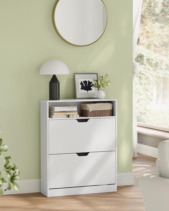 VASAGLE LBC048W01 Schoenenkast met 2 klapdeuren en 1 open vak verstelbare en afneembare scheidingswand voor 11-16 paar schoenen smalle entree 24 x 80 x 102 cm wit