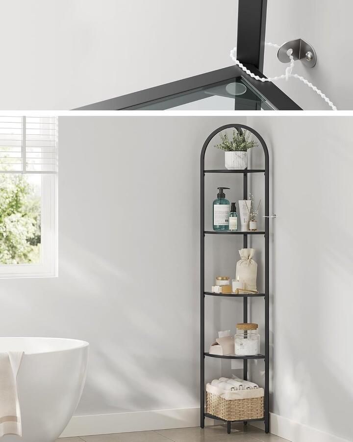 VASAGLE LGT810B61 Hoekrek 5 Niveaus Boekenkast Plantenrek Staande Plank Badkamerplanken Gehard Glas Stalen Frame Modern voor Woonkamer Keuken Klassiek Zwart