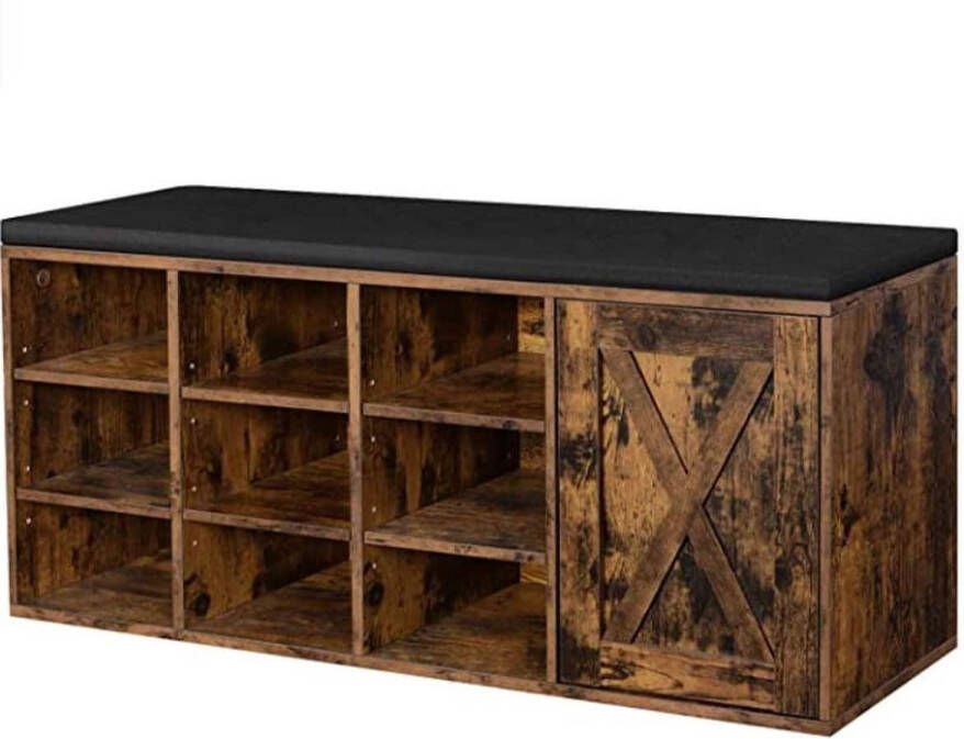 VASAGLE Schoenenbank opbergkast schoenenrek met 9 open vakken en een kast met vulling 110 x 30 x 48 cm rustieke deur vintage bruin LHS058X01 - Foto 2