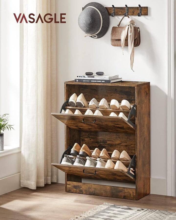 VASAGLE schoenenkast met 2 kleppen schoenkieper tussenschotten verstelbaar en uitneembaar voor 12 paar damesschoenen of 8 paar herenschoenen kleine zaal 60 x 24 x 80 cm vintage donkerbruin LBC02BX