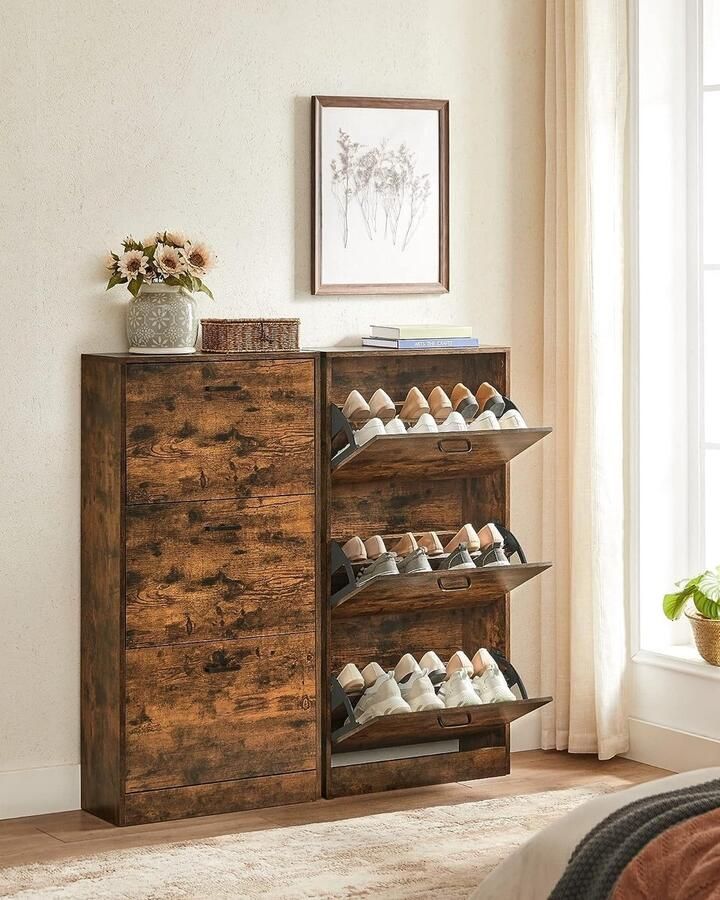 ZaZa Home & Office VASAGLE Schoenenkast met 3 kleppen schoenenrek met 3 niveaus opbergkast perfect voor smalle gangen woonkamer slaapkamer 60 x 24 x 120 cm (l x b x h) vintage bruin LBC030X01 - Foto 2