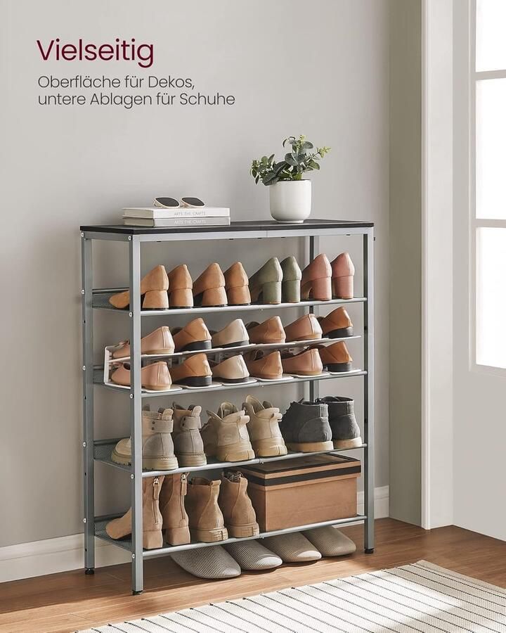 VASAGLE Schoenenrek 5-laags Grote oppervlakte Verstelbare gaasplanken Ruimtebesparend voor entreehal Metalen industriële stijl Houtskoolgrijs Metallic zilver LBS038E22 - Foto 2