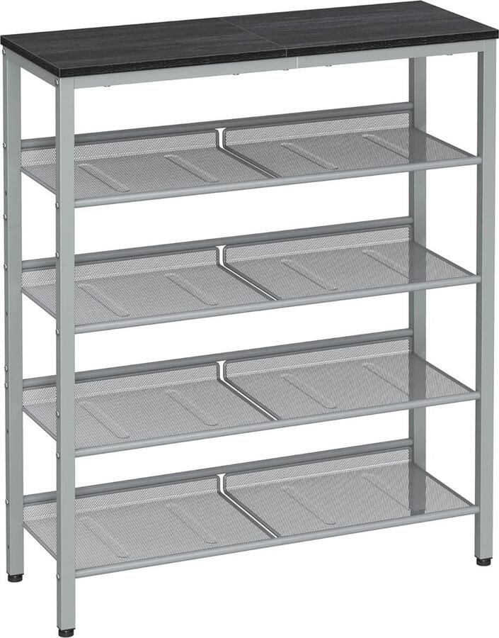 VASAGLE Schoenenrek 5-laags Grote oppervlakte Verstelbare gaasplanken Ruimtebesparend voor entreehal Metalen industriële stijl Houtskoolgrijs Metallic zilver LBS038E22