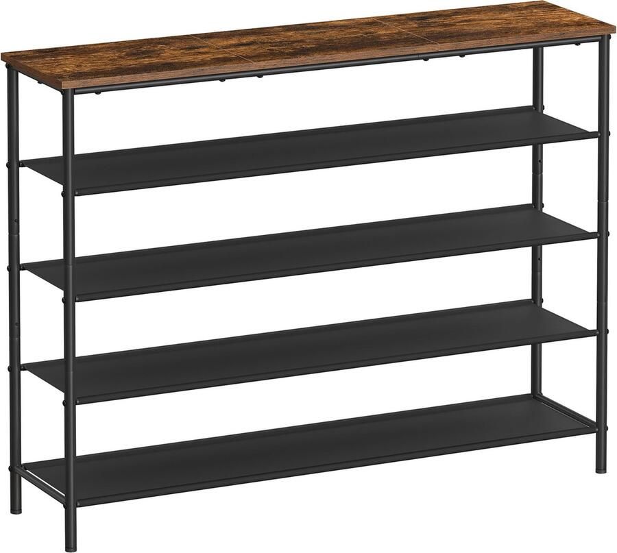 Vasagle Schoenenrek 5 niveaus smalle schoenenopbergorganizer voor garderobehal met 4 stoffen planken en bovenkant voor tassen schoenenplank stalen frame industrieel rustiek bruin en zwart