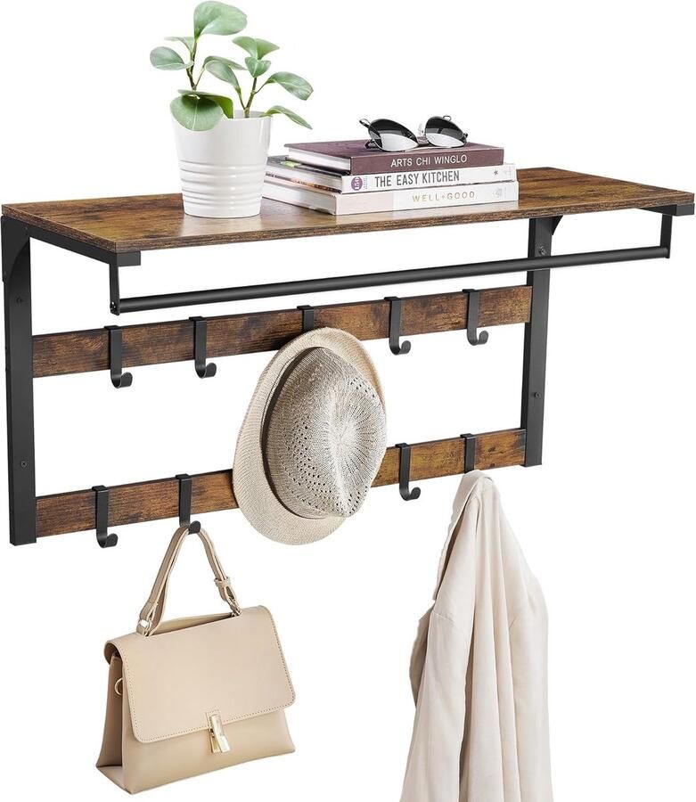 VASAGLE Wandkapstok met plank Wandplank met 10 verwijderbare haken Hangplank Wandmontage 2 kapstokhaken Kledingstang voor gang Slaapkamer Badkamer Vintage Bruin Zwart LCR201B01
