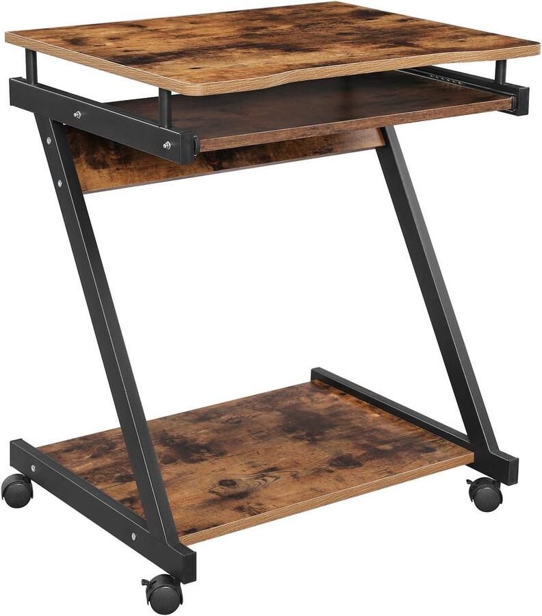 VASAGLE Z-bureau computertafel ruimtebesparend eenvoudige montage wielen met remmen met toetsenbordhouder voor kantoor rustiek bruin en zwart LCD811X01