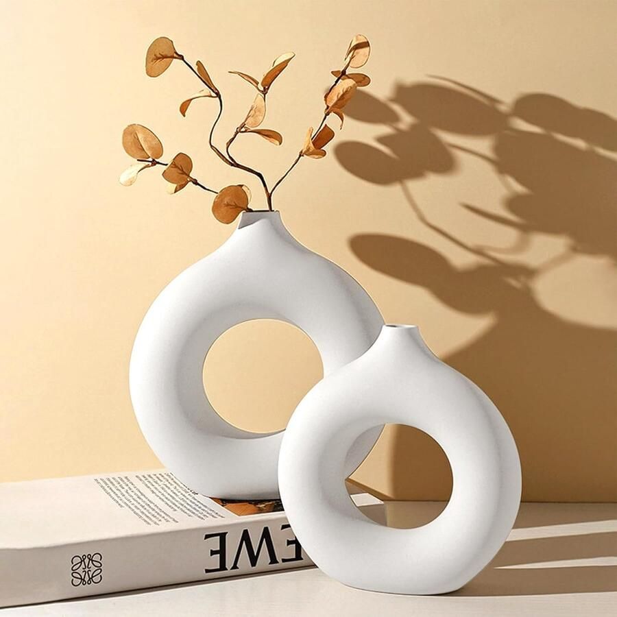Vase Set of 2 for Modern Home Decoration White Ceramic Donut Vases for Pampas Grass Boho Decor for Living Room Bedroom Dining Table