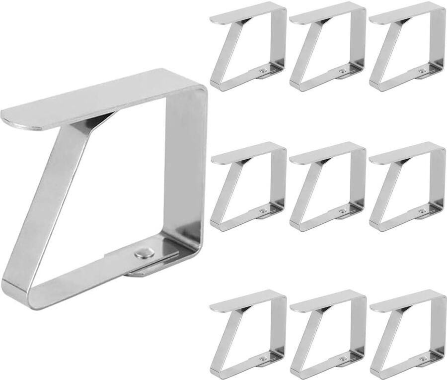 ERBO 10-delige tafelkleedklemset tafelkleedklemmen tafelkleedhouders roestvrij staal tafelklemmen voor dikke tafels tuintafels restaurants familietafels zilver 5 x 4 cm