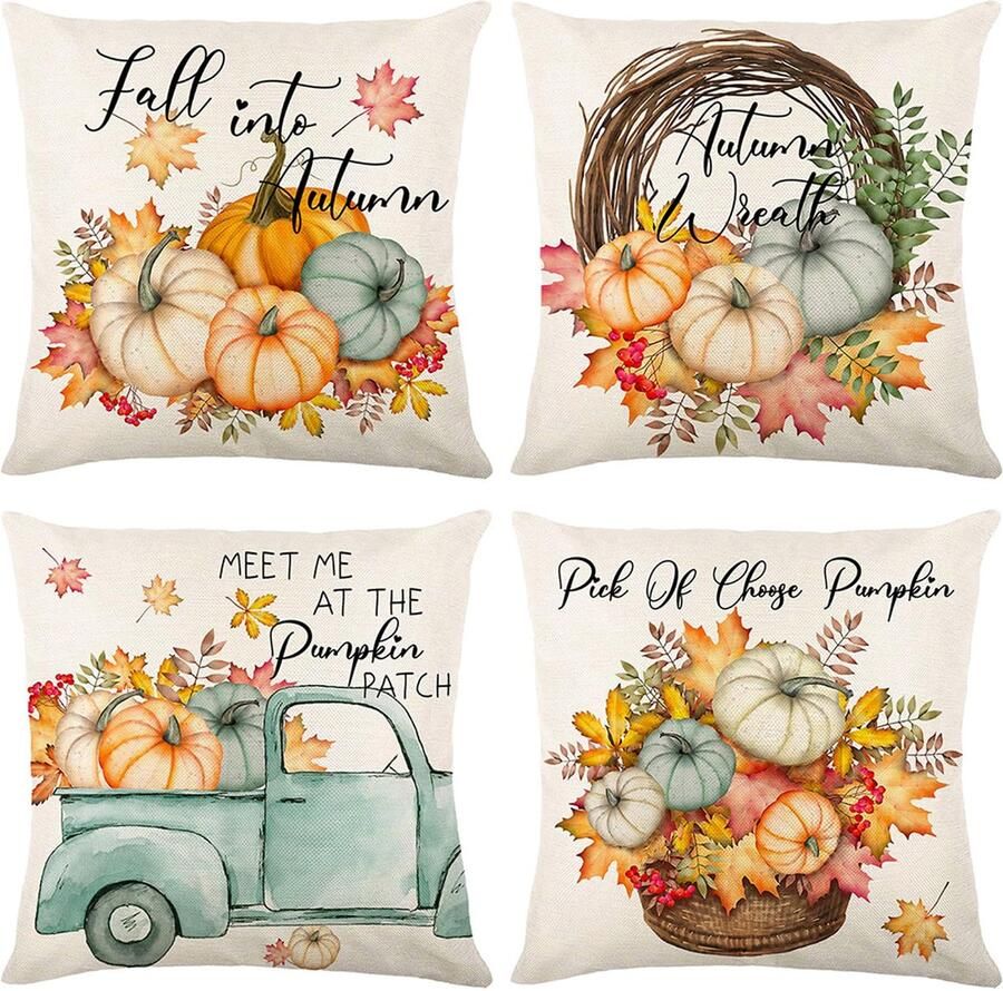 VEEKAY 4-delige herfstdecoratie kussenhoes 45 x 45 cm decoratieve kussensloop Thanksgiving katoenen linnen kussenslopen voor slaapbank bank thuis