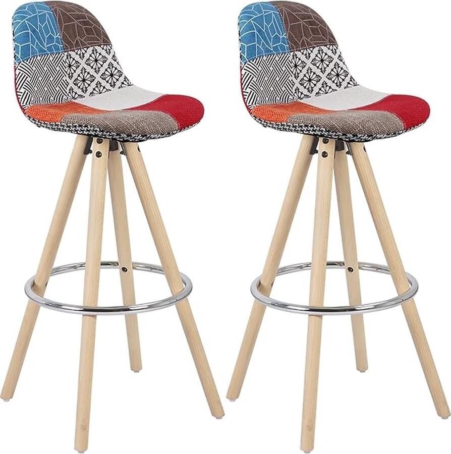 Veelkleurig Barkrukken Barstoelen Set van 2 Stal Houten Poten Linnen met Rugleuning En Voetensteun BH45mf-2