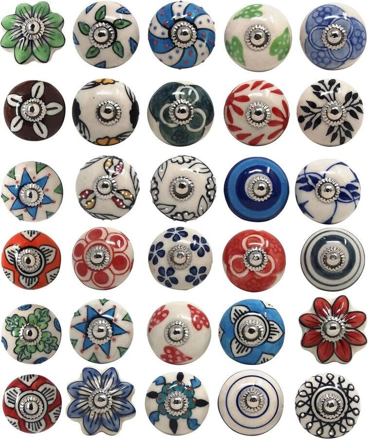 Veelkleurige keramische knoppen voor dressoirladen handgeschilderde antieke bloemen kast trekknop (rond pak van 30)