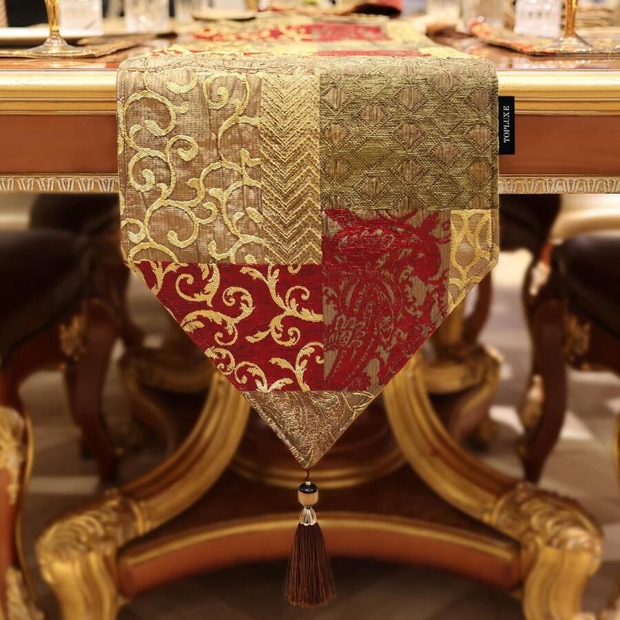 Veelkleurige patchwork damast tafelloper elegant ontwerp 1 stuk 33x228 cm