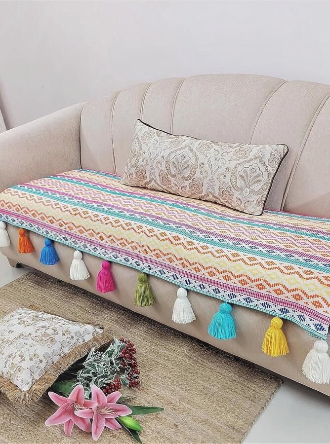 Veelkleurige Sierkussen Hoes voor 2-zitsbank met Kwasten Decoratieve Bankhoes