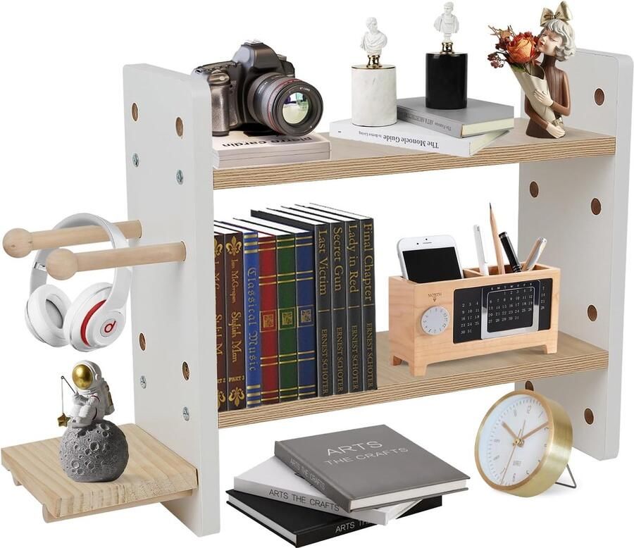 Luvetrex Veelzijdige Houten Boekenplank en Bureau Organizer met Flexibele Accessoires voor Huis en Kantoor