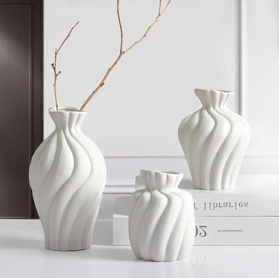 Veelzijdige witte keramische vaas set van 3 moderne bloemenvazen voor kamer badkamer salontafel eettafel boekenplank plankdecoratie open haard keuken woonkamer en kantoor