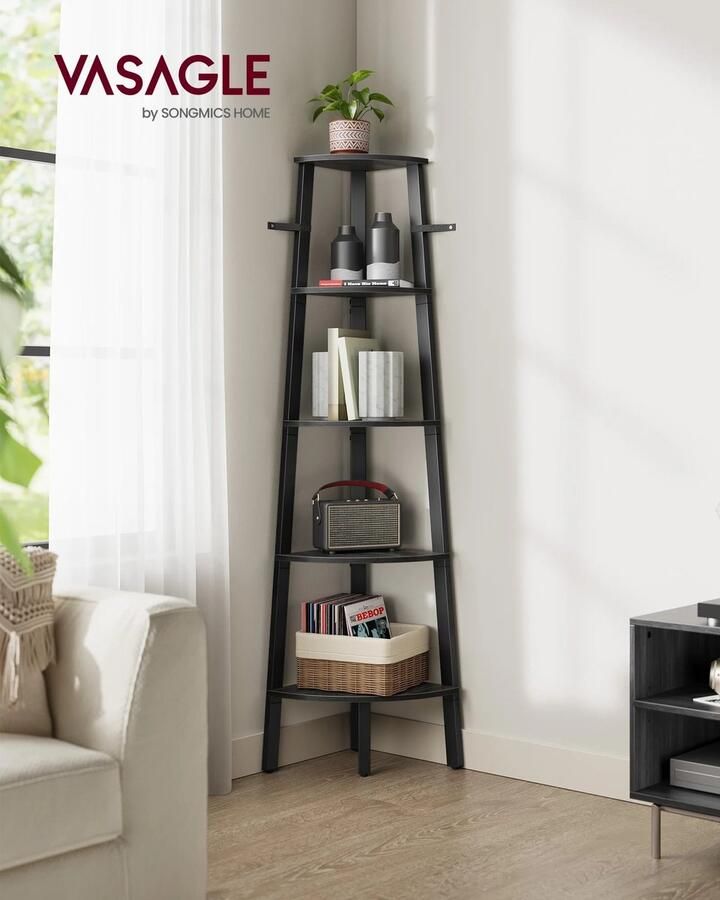 Veelzijdige Zwarte Hoekplank Boekenkast 5 Niveaus Stalen Frame Maximaliseer Hoekruimte 37.2X 37.2x159cm 3-Pootstructuur 1 Verstelbare Voet Opbergplank Stabiel Vloer tegen de Muur 7 1 kg -Kantelbeveiliging Decoratie Fotolijsten Boeken Per Plank5kg