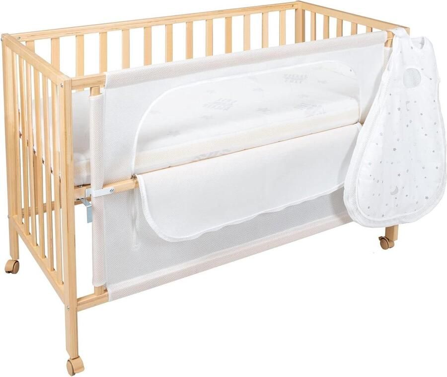 Veilig in slaap Baumann bijzetbed- kamerbed babybed 60 x 120 cm Sterrentover aanstelbed met volledige uitrusting kinderbed junior bed hout natuur Kinderbed