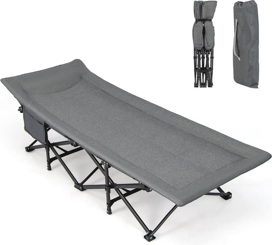 Veldbed met Katoenen Vulling en Hoofdsteun Inklapbaar Campingbed tot 200 kg Handig Klapbed met Zijzak en Draagtas