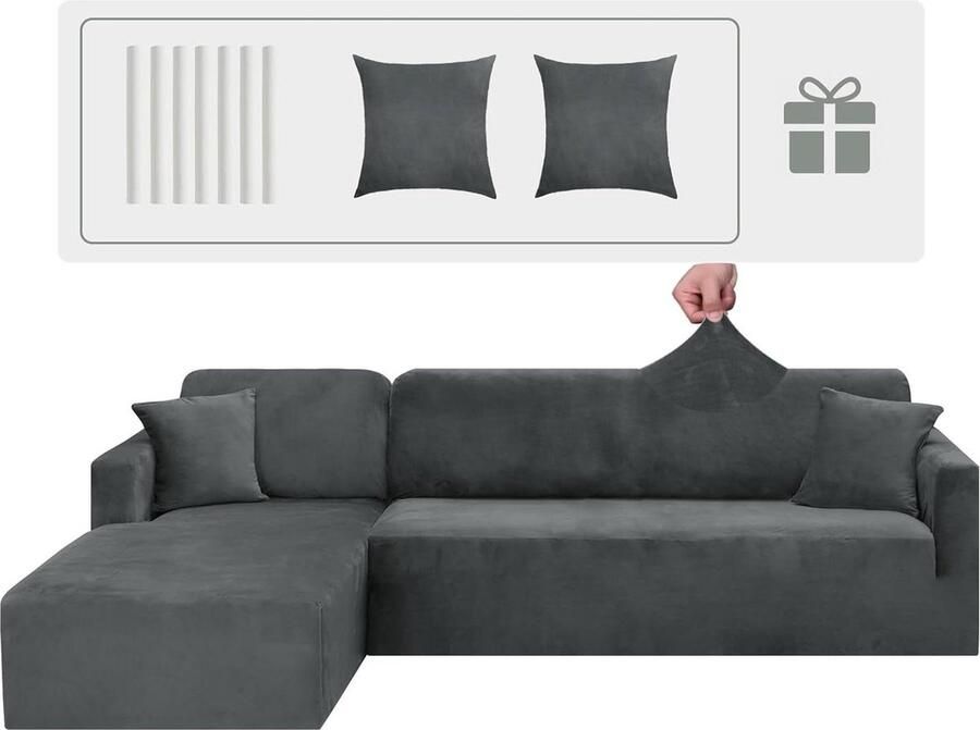 Velours bankovertrek Peninsula L-vorm 2-delig hoekbankhoezen grijs incl. kussenslopen hoekbank overtrek