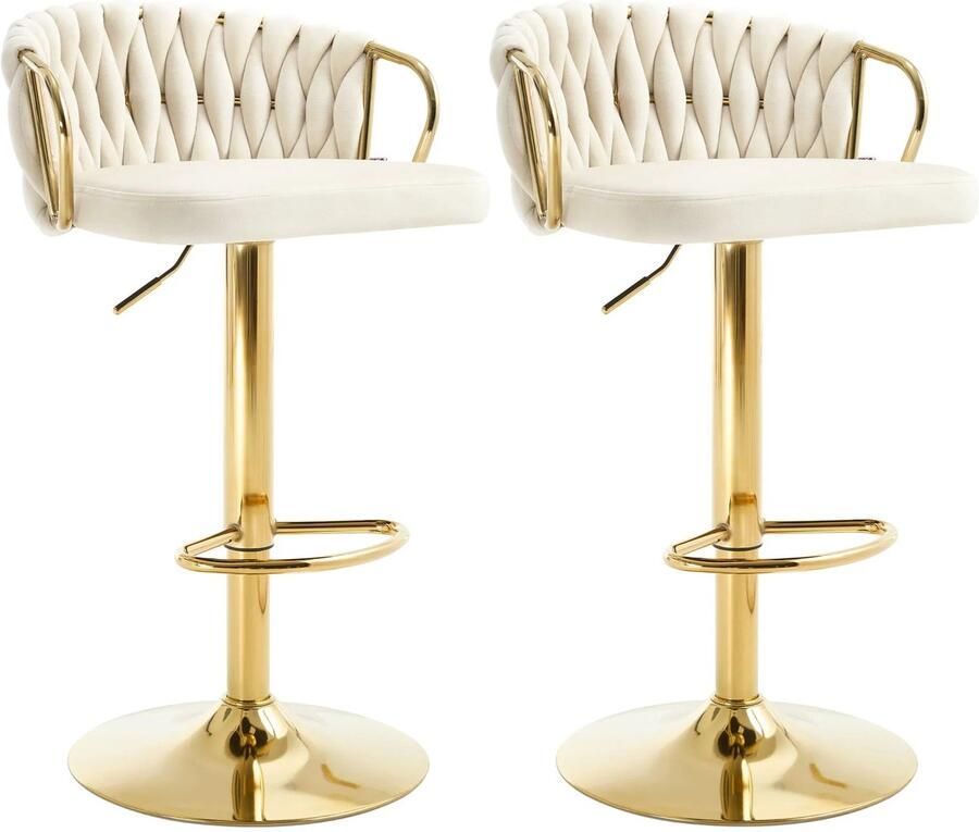 Velvet Barkruk 2-delige set Hoogte verstelbaar Crème wit fluweel Gevlochten rugleuning Met armleuning en metalen voetsteun 360° draaibaar Comfortabel kussen Voor keuken restaurant bar of eiland Stabiel en elegant design