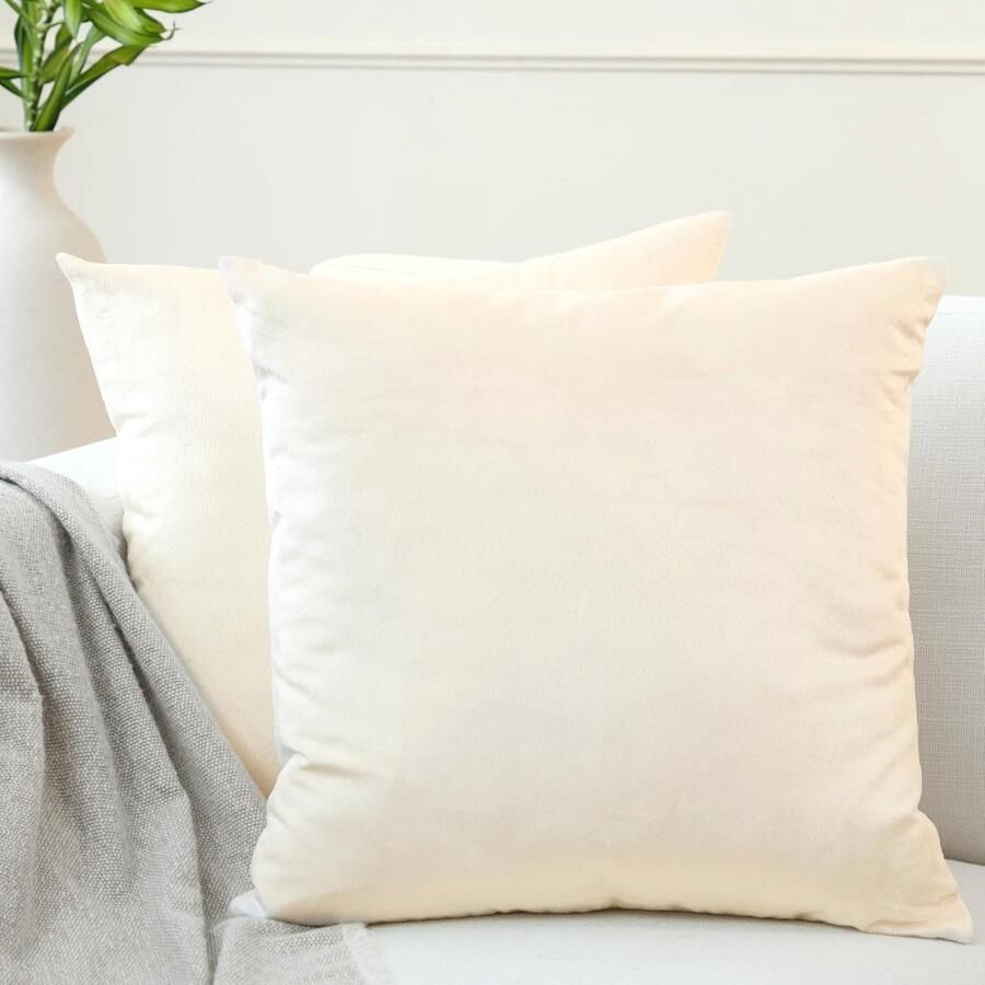 VELVET Cushion Covers for Christmas New Year Set of 2 (40 x 40 cm) Cream Plain Dyed Soft and Smooth Washable Square Decorative Large Throw Pillow Case for Couch Sofa Chair Bed by Encasa
