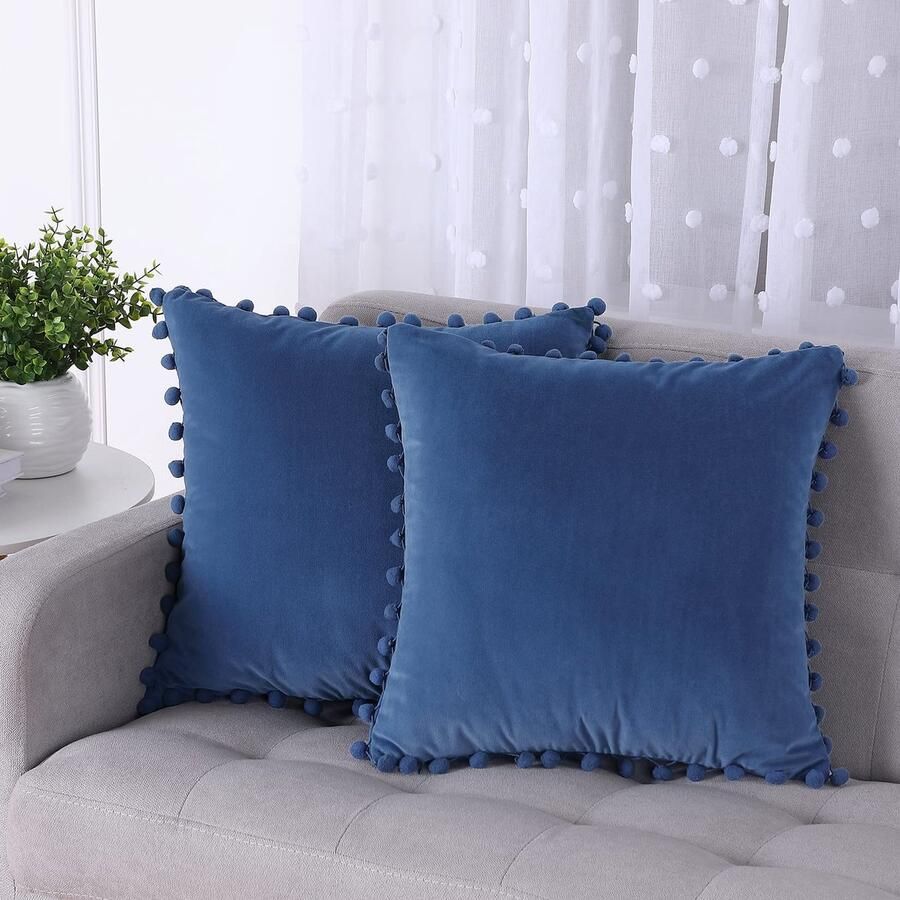 Velvet Cushion Covers Pompom-Sqare Decorative Pillowcase with Hidden Pillowcases for Sofa Chair Bedroom Navy 20 x 20 inch