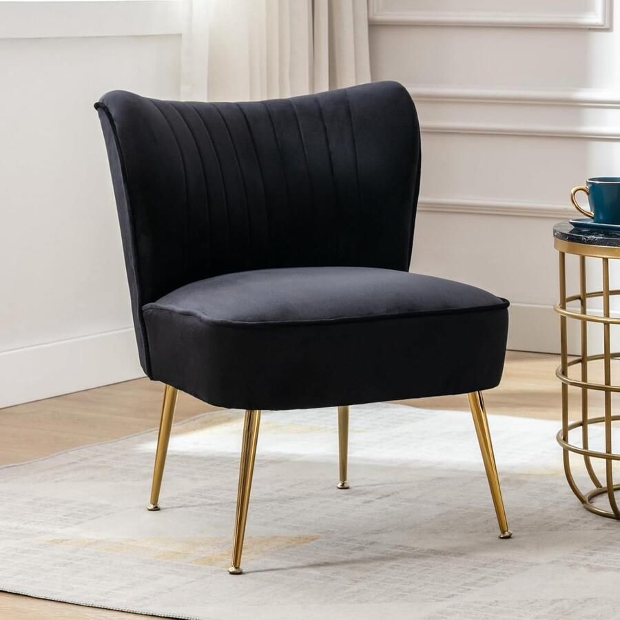 Velvet kuipstoel zonder armleuningen – Gestoffeerde accentstoel met metalen poten voor balkon of woonkamer – Zwart