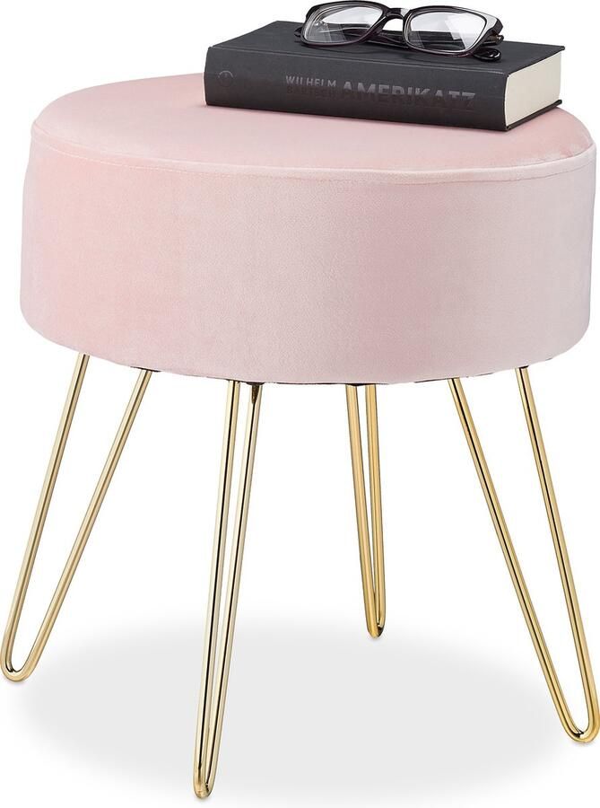 Ronde Velvet Fluwelen Poef Elegante Hocker met Goudekleurige Poten Modern Krukje Afmetingen 40 x 40 cm Roze - Foto 2