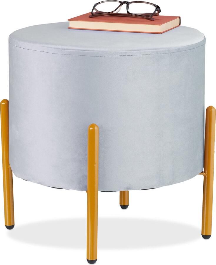Relaxdays velvet poef metalen pootjes 39 x 37 cm tot 100 kg grijs-goud