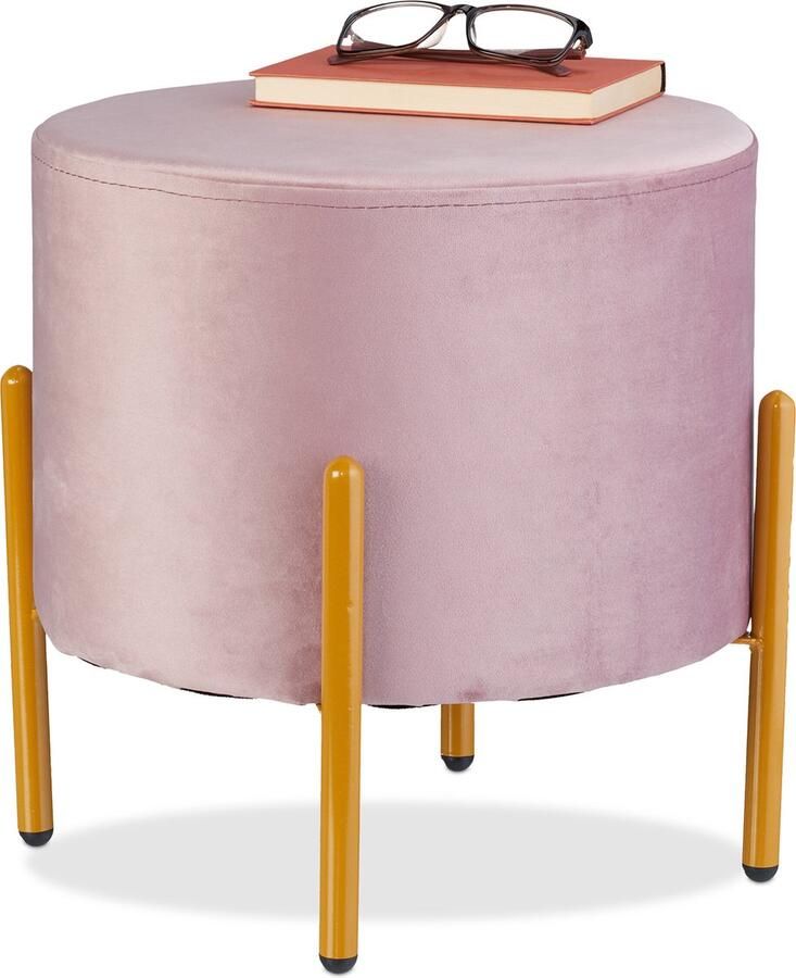 Relaxdays velvet poef metalen pootjes 39 x 37 cm tot 100 kg roze-goud