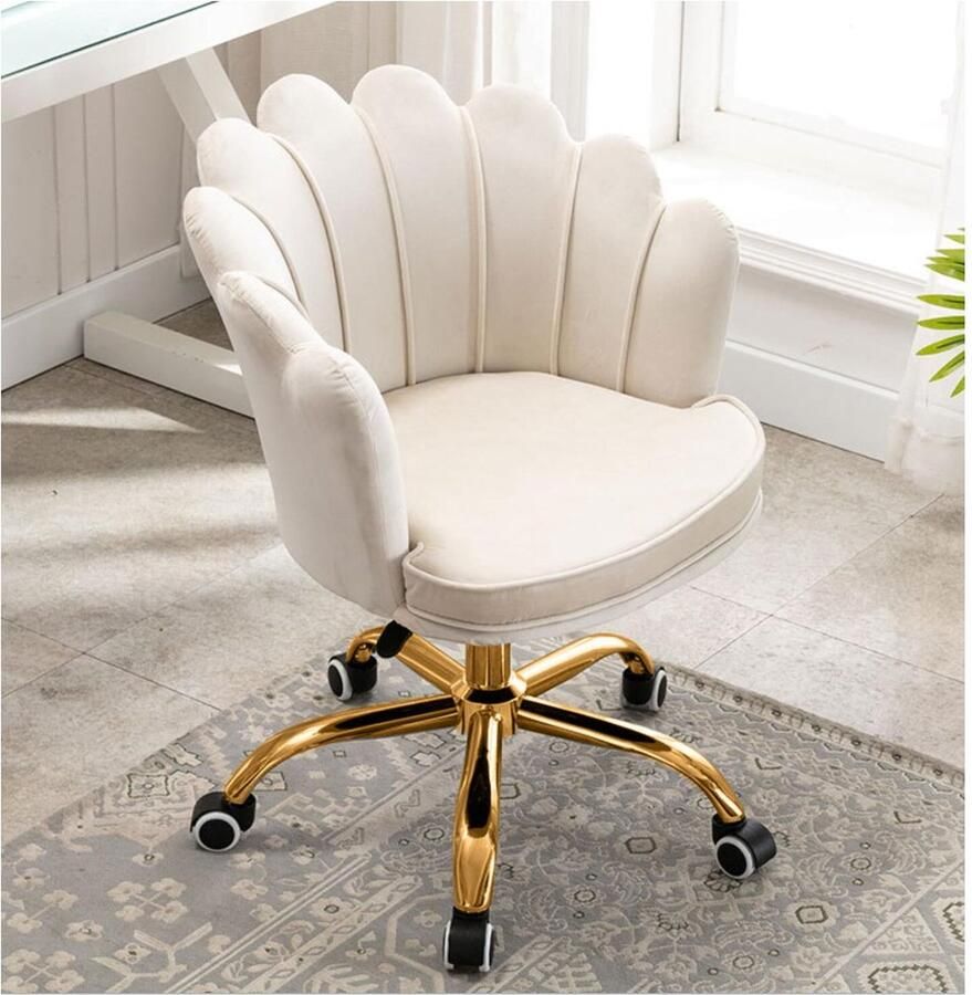Velvet Shell Bureaustoel Creme met Goudkleurig onderstel Fluweel Schelp Beauty Salon Kaptafel Visagie Kapper Trendy Verrijdbaar Verstelbaar