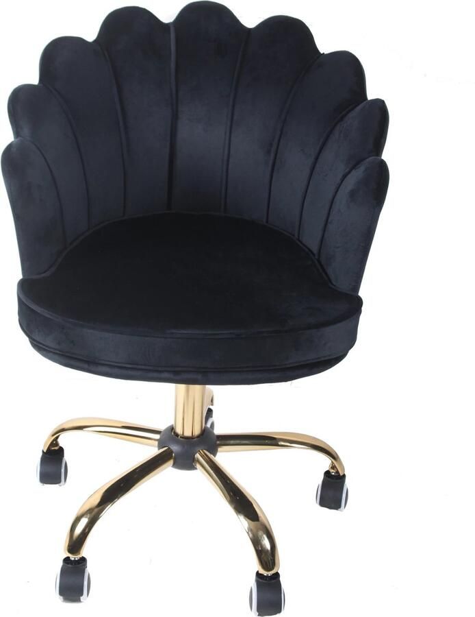 Velvet Shell Bureaustoel Zwart met Goudkleurig onderstel Fluweel Schelp Beauty Salon Kaptafel Visagie Kapper Trendy Verrijdbaar Verstelbaar
