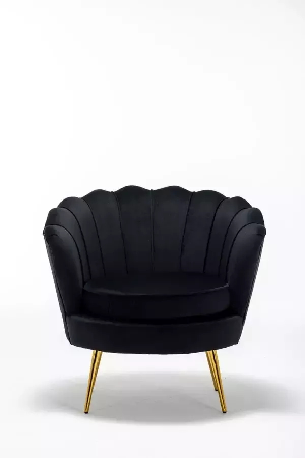 Velvet Shell Stoel Zwart met Goudkleurig onderstel Fauteuil Chair Fluweel Schelp Beauty Salon Kaptafel Babykamer Trendy