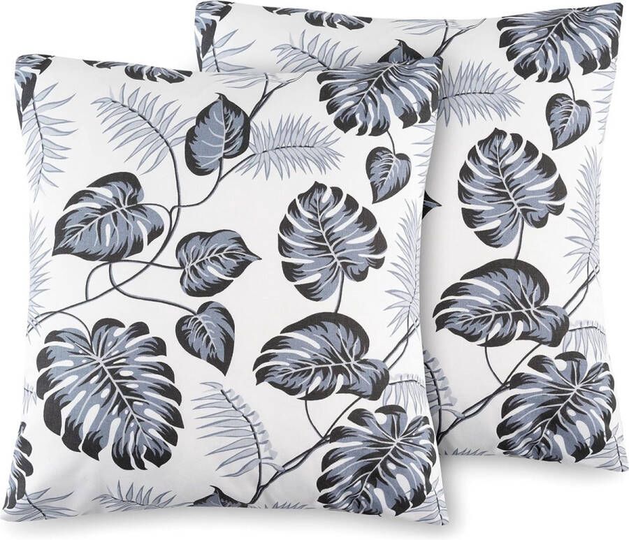 VelvetHome Set van 2 decoratieve kussenslopen 40x40 cm Made in EU 100% katoen decokussen 40x40cm met ritssluiting Set kussenhoes voor bank kussenovertrek bankkussen blad grijs & wit
