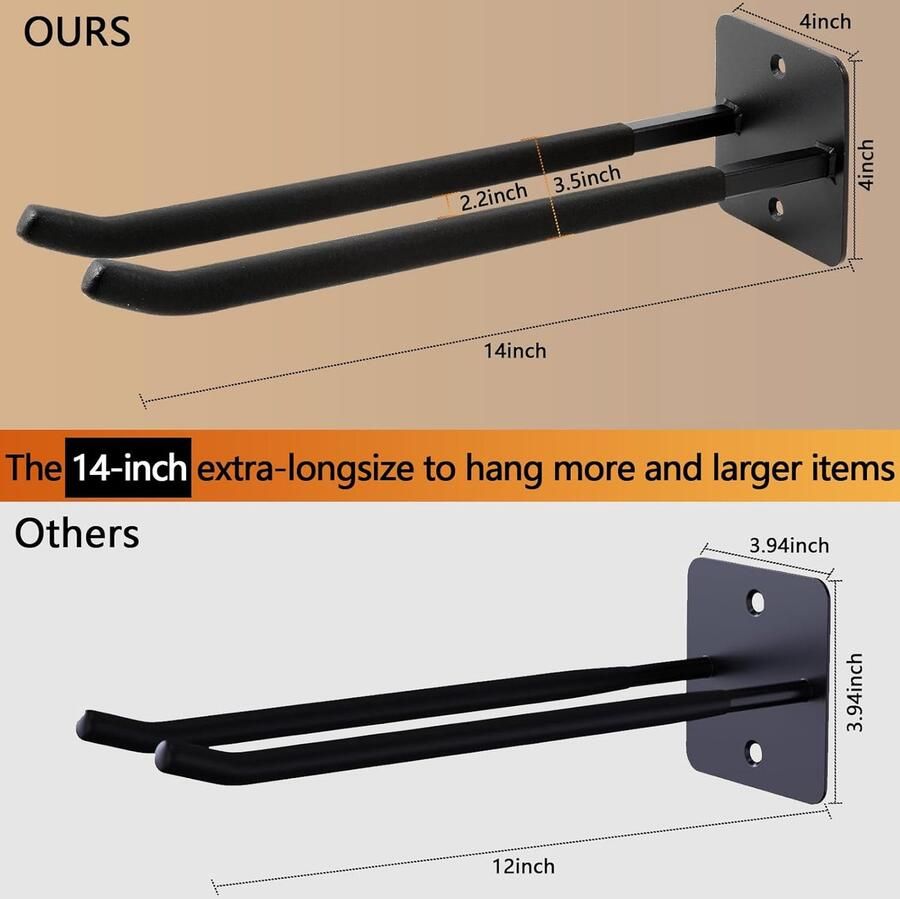 Verbeterde hoogwaardige garagehaken van gebruiksstaal 14 inch dubbele haken voor garagewandmontage voor stoelen ladders touwen en kinderwagens 4 stuks - Foto 2