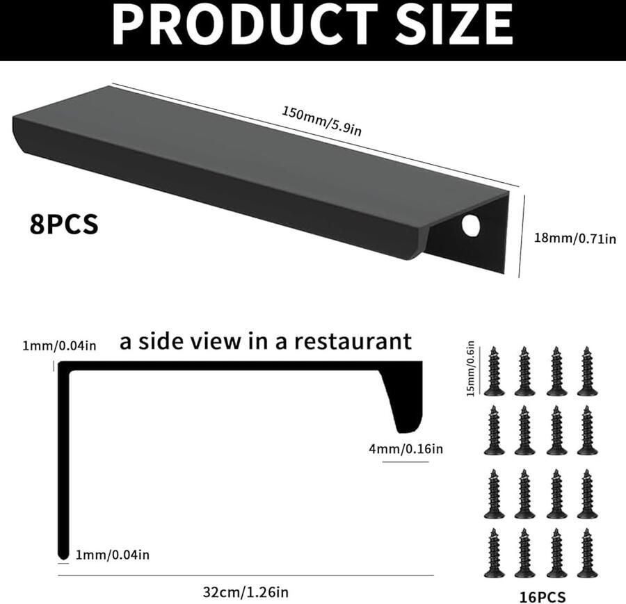 Verborgen meubelgrepen onzichtbare handgrepen set van 8 zwart aluminium 15 cm