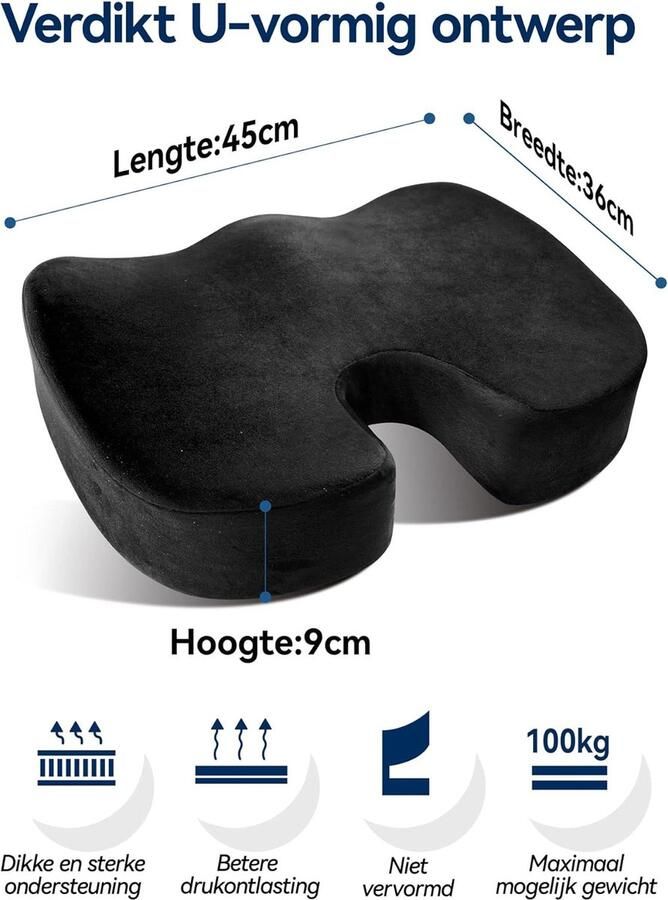 Verdikt Stuitbeen Orthopedisch Zitkussen Traagschuim Ergonomisch Zitkussen voor Zware Mensen Geschikt voor Bureaustoel Autostoel Rolstoel (Zwart)