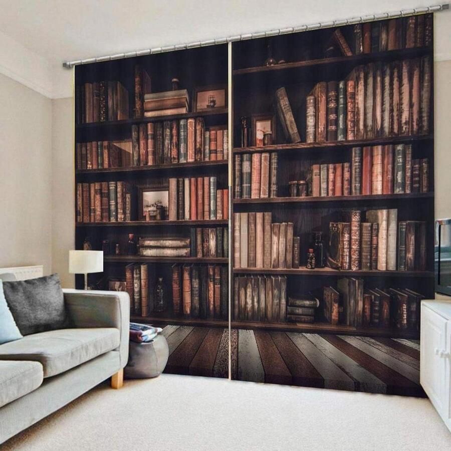 Verduisterende gordijnen set van 2 Europees boekenkast patroon verschillende afmetingen voor slaapkamer en woonkamer ondoorzichtige stof ideaal voor kinderkamer retro uitstraling