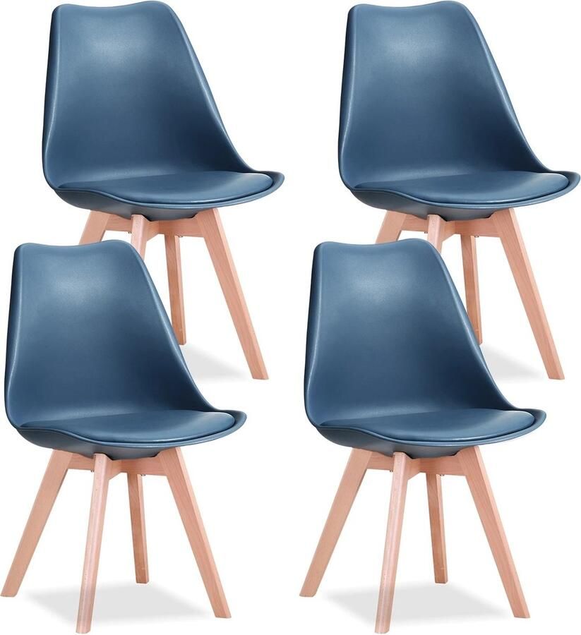 Verkoop Nederland Een Set Van 4 Nordic Middeleeuwse Eetkamerstoelen Pu Gewatteerde Stoel Beukenhouten Poten Bureaustoelen Slaapkamer Balkon Restaurant Blauw 120Kg max 82x47 cm