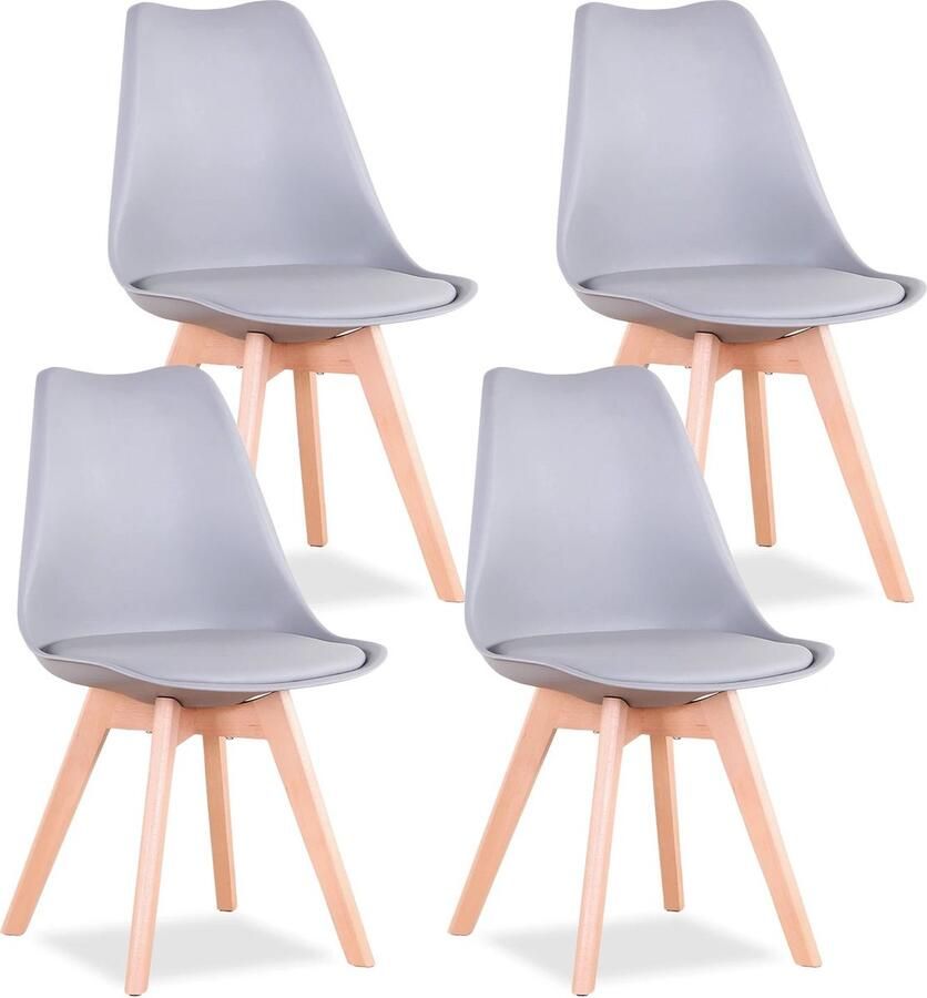 Verkoop Nederland Een Set Van 4 Nordic Middeleeuwse Eetkamerstoelen Pu Gewatteerde Stoel Beukenhouten Poten Bureaustoelen Slaapkamer Balkon Restaurant Grijs 120Kg max 82x47 cm