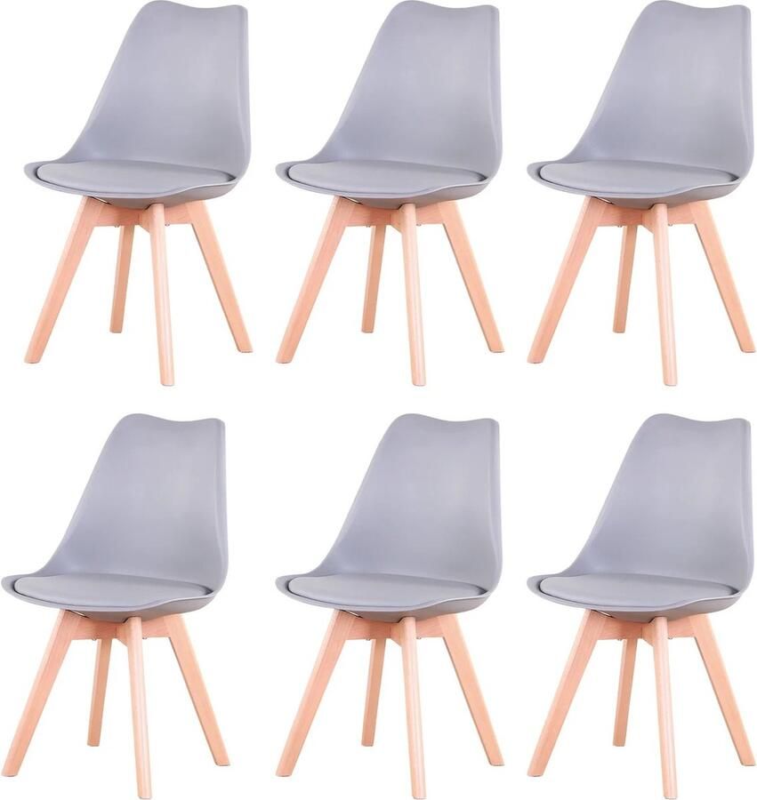 Verkoop Nederland Een Set Van 6 Nordic Middeleeuwse Eetkamerstoelen Pu Gewatteerde Stoel Beukenhouten Poten Bureaustoelen Slaapkamer Balkon Restaurant Grijs 120Kg max 82x47 cm
