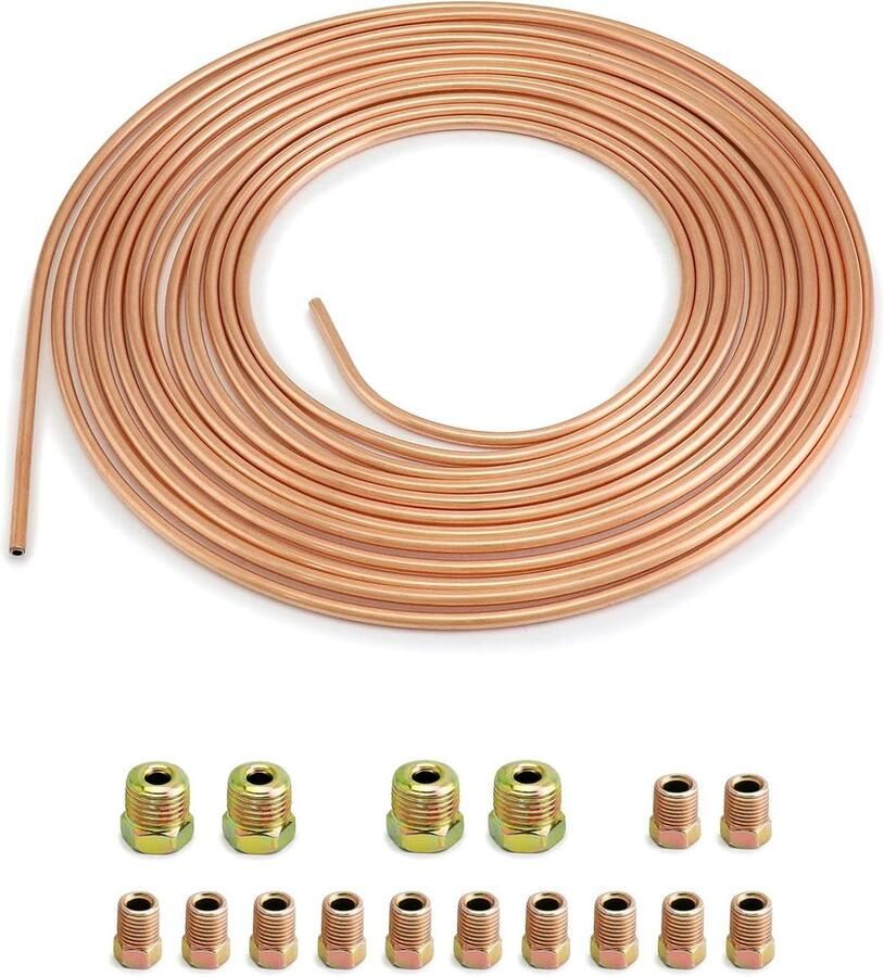 Verkoperde koperen remleiding 76 m buitendiameter 4.76 mm binnendiameter 3.3 mm met 16 moeren