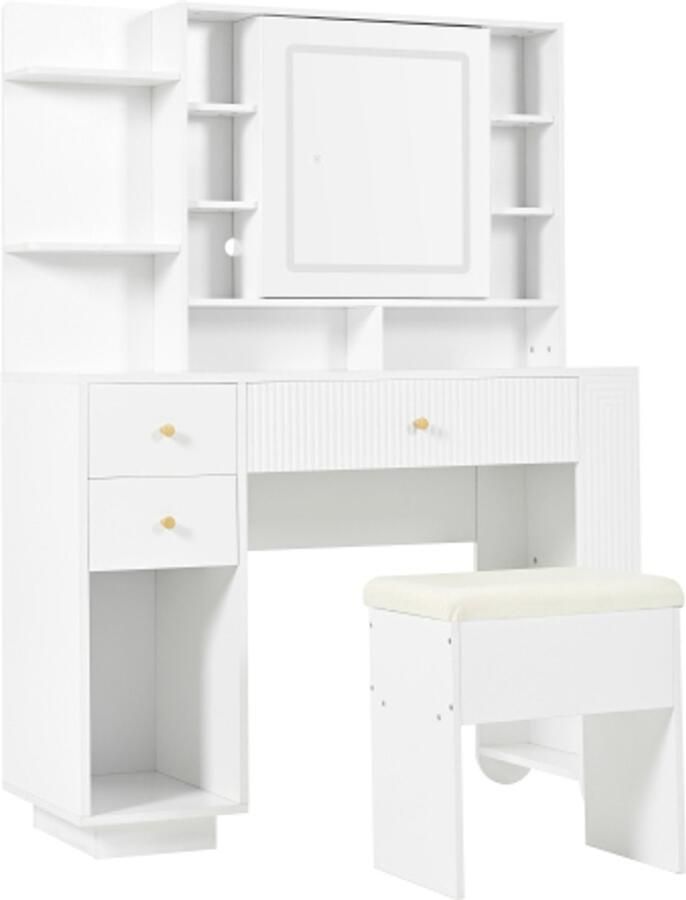 Verlichte kaptafel met spiegel en kruk – Moderne make-uptafel met verstelbare helderheid lades en open opbergruimte