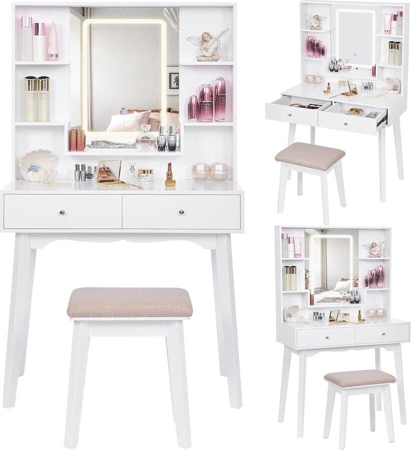 Verlichte Make-uptafel met Spiegel en Kruk 3 Kleuren LED-verlichting en Opbergruimte