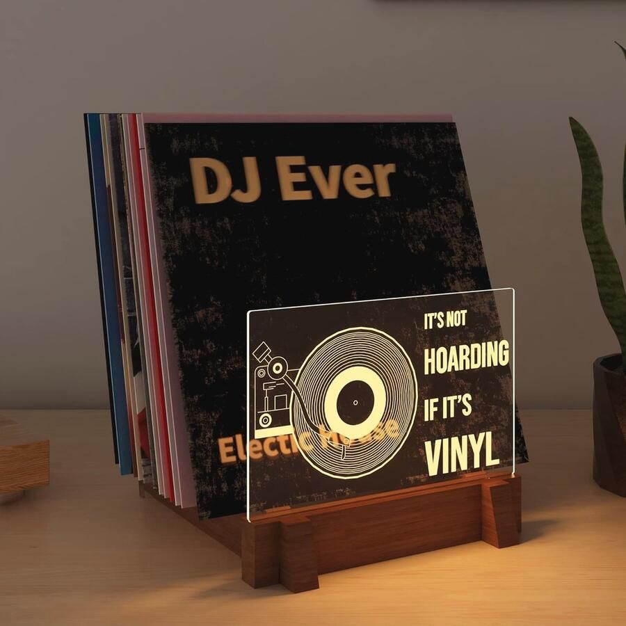 Verlichte Vinyl Record Opslag en Platenstandaard met Houten Acryl Houder Warm Witte LED Verlichting voor Vinyl Album Display