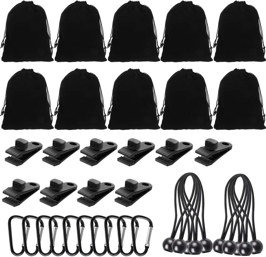 Verpakking met 10 draagbare gewichtszakken voor gordijnen van een buitentent. Inclusief 10 karabijnhaken 10 clips en 10 elastieken. Geschikt voor het vastzetten van gordijnen tenten tafelkleden enz. in de buitenlucht om wind te voorkomen