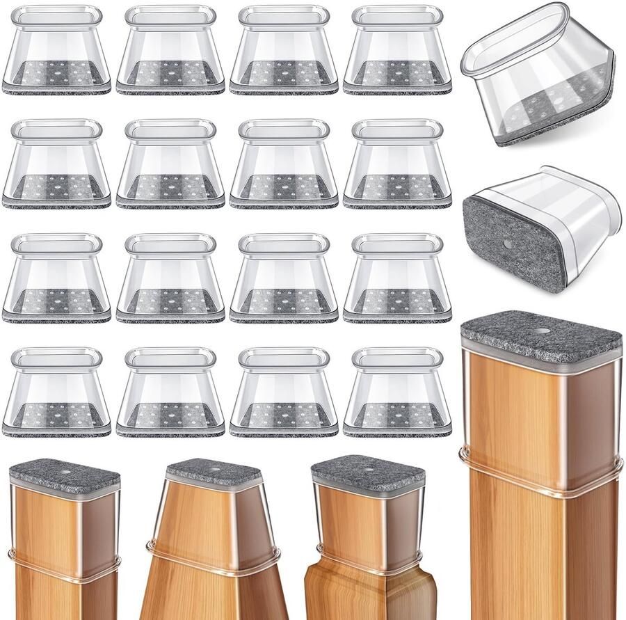 Stoelpootdoppen rechthoekig pak van 24 transparante siliconen stoelpootbeschermers met vilt viltglijders voor stoelen beschermdoppen voor stoelpoten voor hardhouten vloeren (pasvorm: 28-38 mm)