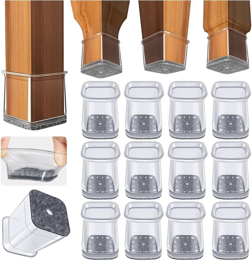 Verpakking met 32 ​​vierkante stoelpootdoppen siliconen beschermdoppen voor stoelpoten met vilt viltglijders transparante stoelpootbeschermers vloerbescherming (past 20-25 mm)
